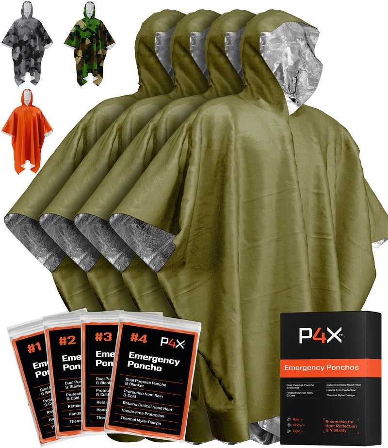 PREPARED4X Emergency Poncho with Mylar Blanket Liner â€“ Heavy Duty, Waterproof, Wind-Resistant Green Rain Poncho for Outdoors, Camping, and Car Emergency Kits - Thermal Poncho - 4 Pack (Camo) - Image 1